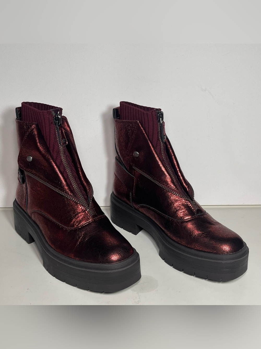 Sam Edelman Linds Distressed Leather Zip Metallic Bordeaux Platform Ankle Boots